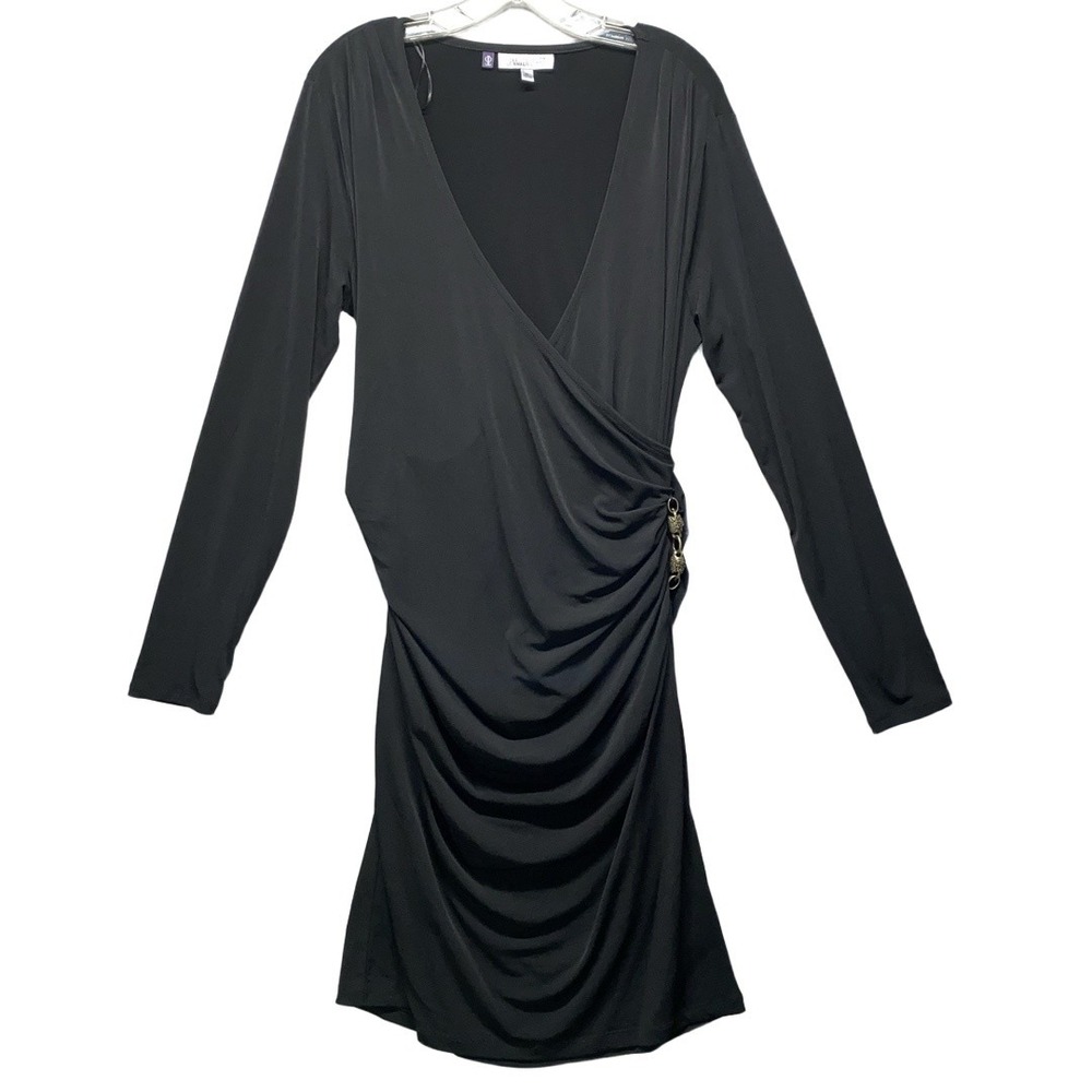 NWT Jennifer Lopez Dress Womens Size XL Black Faux Wrap Ruched‎ Elegant Modern
